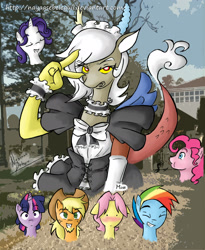 Size: 1679x2051 | Tagged: safe, artist:nayaasebeleguii, character:applejack, character:discord, character:fluttershy, character:pinkie pie, character:rainbow dash, character:rarity, character:twilight sparkle, oc:dusk shine, oc:eris, ship:discolight, ship:discopie, ship:discoshy, applejack (male), bubble berry, bubbleris, butterscotch, clothing, duskeris, elusive, eris gets all the stallions, eriscotch, female, maid, maid discord, maid eris, male, mane six, rainbow blitz, rule 63, shipping, straight