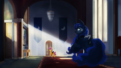 Size: 1920x1080 | Tagged: safe, artist:hierozaki, character:princess luna, character:scootaloo, species:bat pony, species:pegasus, species:pony, bat ponified, bust, chandelier, interior, painting, race swap, raised hoof, student of the night, tapestry