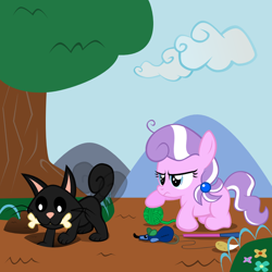 Size: 1000x1000 | Tagged: safe, artist:magerblutooth, character:diamond tiara, oc, oc:dazzle, species:dog, cat, cat toy, cloud, digging, flower, mouse, tree