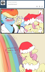 Size: 1200x1924 | Tagged: dead source, safe, artist:rainbowscreen, character:fluttershy, character:rainbow dash, species:anthro, ship:flutterdash, ask, ask the gaylord, blushing, butterblitz, butterscotch, clothing, comic, gay, hat, holly, holly mistaken for mistletoe, male, rainbow blitz, rule 63, santa hat, shipping, shipping denied, subverted holly mistaken for mistletoe