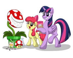 Size: 5700x4500 | Tagged: safe, artist:template93, character:apple bloom, character:twilight sparkle, character:twilight sparkle (alicorn), species:alicorn, species:pony, absurd resolution, contest, crossover, female, fire flower, frown, grin, gritted teeth, imminent vore, mare, open mouth, piranha plant, power-up, raised leg, smiling, super mario bros., super mushroom, this will end in pain, welovefine