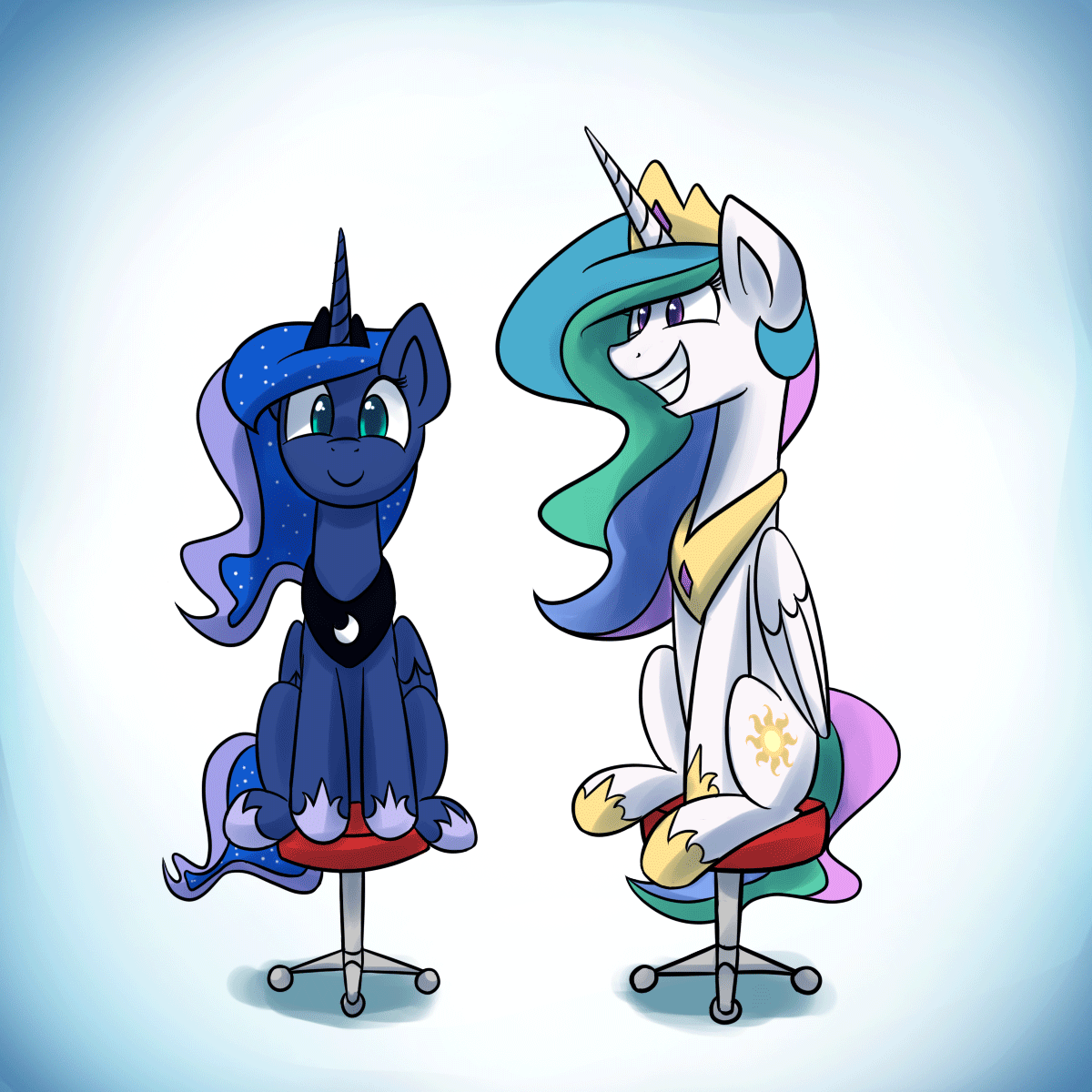 Size: 1200x1200 | Tagged: safe, artist:anticular, character:princess celestia, character:princess luna, species:alicorn, species:pony, ask sunshine and moonbeams, :d, animated, c:, chair, cute, cutelestia, duo, duo female, female, good trick, grin, i have done nothing productive all day, lunabetes, mare, paint tool sai, sillestia, silly, silly pony, sitting, smiling, spinning, squee, sweet dreams fuel, you spin me right round