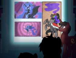 Size: 1093x829 | Tagged: safe, artist:faith-wolff, character:king sombra, character:nightmare moon, character:princess luna, oc, oc:blade dancer, species:alicorn, species:pony, species:unicorn, fanfic:the bridge, bladenilla, female, glasses, male, mare, read in beast wars megatron's voice, spacegodzilla, stallion, story included, xenilla