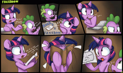 Size: 3507x2092 | Tagged: dead source, safe, artist:mistydash, character:spike, character:twilight sparkle, character:twilight sparkle (unicorn), species:pony, species:unicorn, adorkable, book, cellphone, comic, cute, derp, dizzy, dork, facebook, facebooking, female, fluffy, frown, knocked silly, literal, mare, nose wrinkle, open mouth, phone, pun, raised eyebrow, silly, silly pony, thinking, tongue out, you're doing it wrong