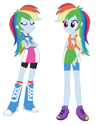 Size: 475x602 | Tagged: safe, artist:berrypunchrules, character:rainbow dash, my little pony:equestria girls, alternate costumes, boots, bracelet, clothing, eyes closed, human counterpart, jewelry, looking at you, ponidox, pony counterpart, self ponidox, shoes, socks, wristband