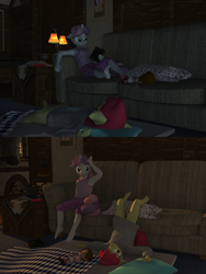 Size: 3000x4000 | Tagged: safe, artist:tahublade7, character:apple bloom, character:sweetie belle, species:anthro, species:plantigrade anthro, 3d, absurd resolution, armpits, barefoot, clothing, couch, daz studio, doll, feet, morning, morning ponies, night, oversized clothes, pajamas, panties, reading, sleeping, sleepover, sweet apple acres, underwear, upside down