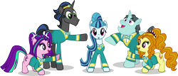 Size: 1992x852 | Tagged: safe, artist:punzil504, character:adagio dazzle, character:aria blaze, character:claude, character:good king sombra, character:king sombra, character:sonata dusk, episode:filli vanilli, g4, my little pony: friendship is magic, alternate universe, equestria girls ponified, ponified, ponytones, ponytones outfit, simple background, the dazzlings, transparent background, vector
