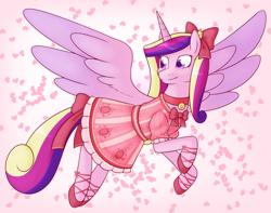 Size: 1514x1195 | Tagged: safe, artist:redintravenous, character:princess cadance, species:alicorn, species:pony, bow, clothing, collar, colored wings, colored wingtips, dress, female, hair bow, hoof shoes, looking back, mare, solo, tail bow