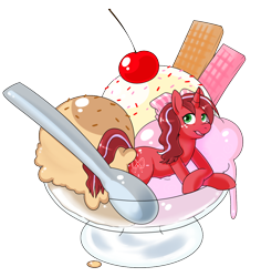 Size: 990x1048 | Tagged: safe, artist:redintravenous, oc, oc only, oc:red ribbon, species:pony, species:unicorn, female, food, ice cream, mare, micro