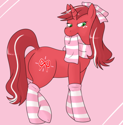 Size: 1006x1022 | Tagged: safe, artist:redintravenous, oc, oc only, oc:red ribbon, species:pony, species:unicorn, clothing, female, looking at you, plot, scarf, socks, solo, striped socks