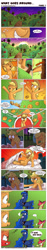 Size: 828x4425 | Tagged: safe, artist:saturdaymorningproj, character:apple bloom, character:applejack, character:princess luna, comic:what goes around, angry, applejack is not amused, bed, comic, dream walker luna, nightmare, orange, prank, this will end in pain, troll, trolluna, unamused