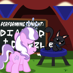Size: 800x800 | Tagged: safe, artist:magerblutooth, character:diamond tiara, oc, oc:dazzle, annoyed, cat, chalkboard, lights, paint, paint on fur, paintbrush, tent, text