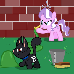 Size: 800x800 | Tagged: safe, artist:magerblutooth, character:diamond tiara, oc, oc:dazzle, brush, bucket, cat, grass, hose, revenge, wall