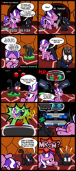 Size: 2000x4493 | Tagged: safe, artist:magerblutooth, character:diamond tiara, oc, oc:dazzle, species:pony, comic:diamond and dazzle, blushing, body swap, burned butt, butt, cat, comic, eaten alive, embarrassed, endosoma, eye swap, laser, missing accessory, plot, r.o.b., robot, surprised, tiara, video game, vore, wide eyes