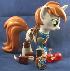 Size: 2961x3009 | Tagged: safe, artist:gryphyn-bloodheart, oc, oc only, oc:littlepip, species:pony, species:unicorn, fallout equestria, brushable, clothing, custom, cutie mark, fanfic, fanfic art, female, funko, gun, handgun, healing potion, health potion, hooves, horn, irl, little macintosh, mare, optical sight, photo, pipbuck, potion, revolver, rifle, saddle bag, scope, solo, toy, vault suit, weapon, zebra rifle