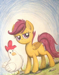 Size: 1066x1336 | Tagged: safe, artist:thefriendlyelephant, character:scootaloo, species:chicken, species:pegasus, species:pony, scootachicken, scootaloo is not amused, traditional art