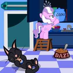 Size: 800x800 | Tagged: safe, artist:magerblutooth, character:diamond tiara, oc, oc:dazzle, cat, cookie, cookie jar, counter, fruit, kitchen, sword