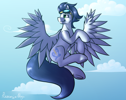 Size: 2875x2279 | Tagged: safe, artist:noxy, artist:whitepone, character:soarin', flying, goggles, male, smirk, solo, underhoof