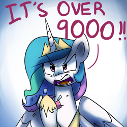 Size: 1200x1200 | Tagged: safe, artist:anticular, character:princess celestia, species:alicorn, species:pony, ask sunshine and moonbeams, dragon ball z, female, followers, it's over 9000, mare, meme, open mouth, over 9000, parody, scouter, solo, tumblr, vegeta