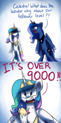 Size: 1200x2400 | Tagged: safe, artist:anticular, character:princess celestia, character:princess luna, species:alicorn, species:pony, ask sunshine and moonbeams, bipedal, dragon ball z, duo, duo female, female, followers, it's over 9000, mare, meme, open mouth, over 9000, parody, scouter, tumblr, vegeta