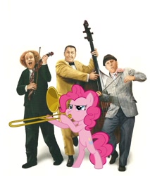 Size: 972x1143 | Tagged: safe, artist:kuren247, artist:spaceponies, character:pinkie pie, bipedal, curly howard, double bass, fiddle, larry fine, moe howard, musical instrument, the three stooges, trombone