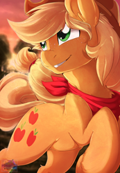 Size: 1024x1483 | Tagged: dead source, safe, artist:rainbowscreen, character:applejack, species:earth pony, species:pony, bandana, clothing, cutie mark, ear fluff, female, fluffy, freckles, hat, mare, solo, sunset