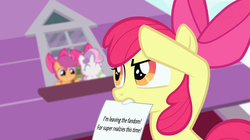 Size: 800x450 | Tagged: safe, artist:dtkraus, edit, screencap, character:apple bloom, character:scootaloo, character:sweetie belle, species:pegasus, species:pony, episode:somepony to watch over me, g4, my little pony: friendship is magic, animated, apple bloom's bow, bow, cutie mark crusaders, female, for realzies, grin, leaving the fandom, metaphor gif, parody, realzies, waving