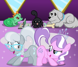 Size: 800x691 | Tagged: safe, artist:magerblutooth, character:diamond tiara, character:silver spoon, oc, oc:dazzle, oc:iggy, oc:imperius, species:dog, species:earth pony, species:pony, battleship, bone, bump bump sugar lump rump, butt to butt, butt touch, cat, eye contact, female, filly, floppy ears, frown, glare, iguana, looking at each other, looking back, mirror, raised eyebrow, raised tail, smiling, smirk, sparkles, tail