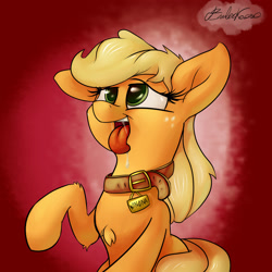 Size: 3000x3000 | Tagged: safe, artist:emberkaese, character:applejack, species:dog, species:earth pony, species:pony, chest fluff, collar, drool, female, mare, pet play, raised hoof, smiling, solo, tongue out