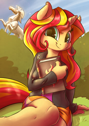 Size: 2480x3507 | Tagged: safe, artist:light262, character:sunset shimmer, species:anthro, species:pony, species:unicorn, my little pony:equestria girls, atryl-ish, book, clothing, cute, erect nipples, female, grass, happy, journey book, looking at you, nipple outline, shimmerbetes, skirt, sky, smiling, solo