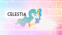 Size: 1920x1080 | Tagged: safe, artist:azery, artist:rariedash, character:princess celestia, species:alicorn, species:pony, brick, brick wall, bust, eyes closed, female, floppy ears, glow, horn, jewelry, lens flare, lineless, mare, portrait, profile, regalia, solo, spread wings, text, vector, wallpaper, wings