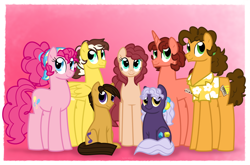 Size: 1100x726 | Tagged: safe, artist:faith-wolff, character:cheese sandwich, character:pinkie pie, oc, oc:banana toffee split, oc:jelly marie doughnut, oc:peach winnimere pie, oc:peanut butter cup, oc:strawberry marscapone sandwich, parent:cheese sandwich, parent:pinkie pie, parents:cheesepie, species:earth pony, species:pegasus, species:pony, species:unicorn, faithverse, ship:cheesepie, alternate hairstyle, bandana, big family, family, family photo, female, gradient background, male, next generation, offspring, pink background, shipping, simple background, straight