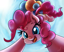 Size: 3000x2421 | Tagged: safe, artist:light262, character:pinkie pie, species:earth pony, species:pony, balloon, cloud, female, floating, looking at you, mare, open mouth, sky, solo, then watch her balloons lift her up to the sky