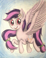 Size: 1024x1295 | Tagged: safe, artist:thefriendlyelephant, oc, oc only, oc:moonlight blossom, species:pegasus, species:pony, birthday gift, solo, traditional art