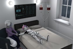 Size: 3000x2000 | Tagged: safe, artist:tahublade7, character:silver spoon, character:sweetie belle, species:anthro, species:plantigrade anthro, ship:silverbelle, sweetie bot, 3d, about to cry, cyborg, daz studio, female, high res, holding hands, hospital, i never asked for this, lesbian, older, older silver spoon, older sweetie belle, robot, shipping, story included