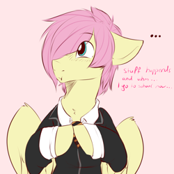 Size: 1200x1200 | Tagged: safe, artist:rainbowscreen, character:fluttershy, ask the gaylord, butterscotch, clothing, rule 63, solo