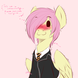 Size: 1200x1200 | Tagged: safe, artist:rainbowscreen, character:fluttershy, :3, ask the gaylord, blushing, butterscotch, clothing, rule 63, solo