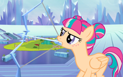 Size: 1024x640 | Tagged: safe, artist:berrypunchrules, character:sour sweet, species:pegasus, species:pony, equestria girls:friendship games, g4, my little pony: equestria girls, my little pony:equestria girls, archery, arrow, bow (weapon), bow and arrow, equestria girls ponified, female, freckles, ice arrows, ponified, solo, weapon