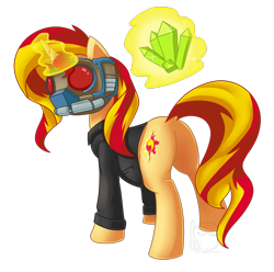 Size: 1690x1678 | Tagged: safe, artist:puetsua, character:sunset shimmer, species:pony, species:unicorn, clothing, commission, cosplay, dock, female, guardians of the galaxy, jacket, lego, levitation, looking back, magic, marvel, marvel cinematic universe, mask, plot, rock raiders, simple background, solo, star-lord, telekinesis, transparent background