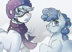 Size: 1280x931 | Tagged: safe, artist:whitepone, character:double diamond, character:party favor, episode:the cutie map, g4, my little pony: friendship is magic, clothing, helmet, scarf, snow, snowfall