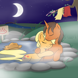 Size: 900x900 | Tagged: safe, artist:theparagon, character:applejack, oc, oc:scroll scribe, canon x oc, clothing, eyes closed, female, hair bun, hat, hot springs, hug, male, scrolljack, shipping, smiling, straight