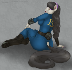 Size: 8333x8063 | Tagged: safe, artist:phathusa, character:octavia melody, species:anthro, species:earth pony, species:pony, species:unguligrade anthro, fallout equestria, g4, absurd resolution, boots, clothing, dock, fallout, female, headband, hoof boots, lipstick, looking at you, makeup, pinup, pipboy, pipbuck, pose, solo, vault suit