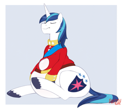 Size: 1007x895 | Tagged: safe, artist:redintravenous, character:shining armor, species:pony, species:unicorn, belly, bhm, eyes closed, fat, male, shining blubber, smiling, stallion, wardrobe malfunction, wide hips