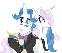 Size: 2000x1700 | Tagged: safe, artist:equestria-prevails, character:fancypants, character:fleur-de-lis, species:pony, species:unicorn, ship:fancyfleur, bow tie, clothing, facial hair, female, frown, hoof hold, leaning, lidded eyes, looking down, male, mare, monocle, moustache, raised hoof, shipping, simple background, smiling, stallion, standing, straight, transparent background, watch