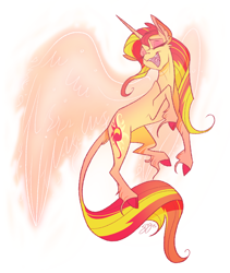 Size: 1000x1186 | Tagged: safe, artist:probablyfakeblonde, character:sunset shimmer, species:classical unicorn, species:pony, cloven hooves, female, fiery wings, leonine tail, solo, sunset phoenix