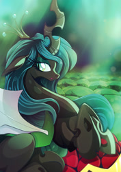 Size: 1358x1920 | Tagged: safe, artist:rariedash, character:queen chrysalis, species:changeling, species:pony, changeling queen, female, floppy ears, horn, insect wings, mare, solo, wings