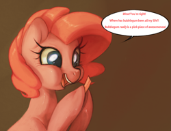 Size: 1239x951 | Tagged: dead source, safe, artist:dhui, character:pinkie pie, bubblegum, female, missing the point, solo, tired pie