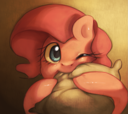 Size: 843x750 | Tagged: dead source, safe, artist:dhui, character:pinkie pie, biting, female, pillow, solo, tired pie, wink