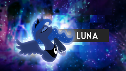 Size: 1920x1080 | Tagged: safe, artist:azery, artist:rariedash, character:princess luna, species:alicorn, species:pony, abstract background, bust, eyes closed, female, floppy ears, hooves, horn, lineless, mare, portrait, profile, raised hoof, solo, space, spread wings, text, vector, wallpaper, wings