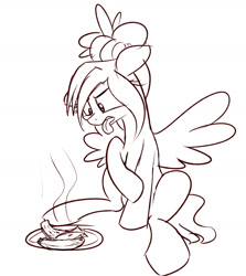Size: 1280x1435 | Tagged: safe, artist:emberkaese, oc, oc only, oc:feather fry, species:pegasus, species:pony, banana, blech, deep fried bananas, disgusted, food, hair bun, hot, monochrome, solo